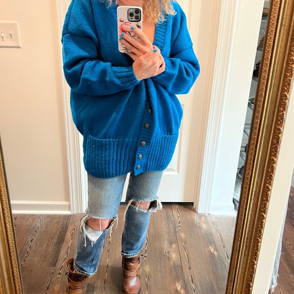 Vintage Bergdorf Goodman hand knitted Deep Blue 100% pure Wool Cardigan Sweater - Picture 1 of 11